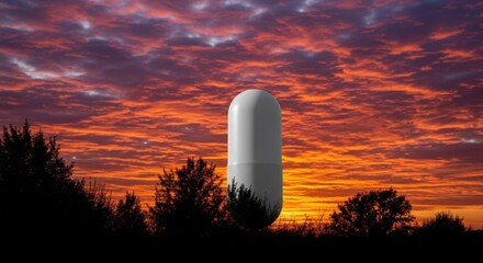 A Giant Pill Stands Tall Against a Fiery Sunset Sky Surrounded by Dark Trees