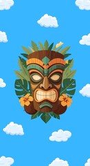 Colorful Tiki Mask with Tropical Leaves, Hibiscus Flowers, and Coconuts on Beige Background

