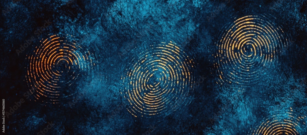 Poster abstract art featuring golden fingerprint patterns on a textured dark blue background, creating a my