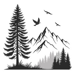 Three birds fly over mountains and evergreen forest in simple black silhouette