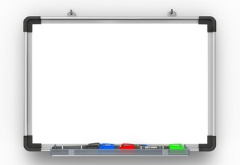 3d Pinwand, Whiteboard mit Marker und Magneten auf transparenten Hintergrund, isoliert

