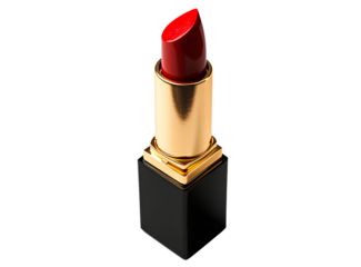 A realistic photograph of an elegant lipstick, a vibrant red with gold trim and a black square case, centered on a white background