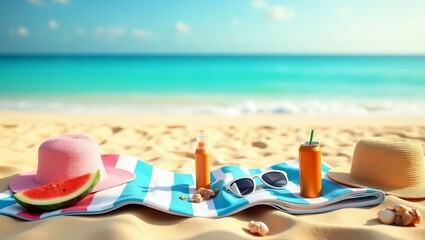 Overhead view of a relaxing beach scene, including sun glasses, sun hat and coke with magazine