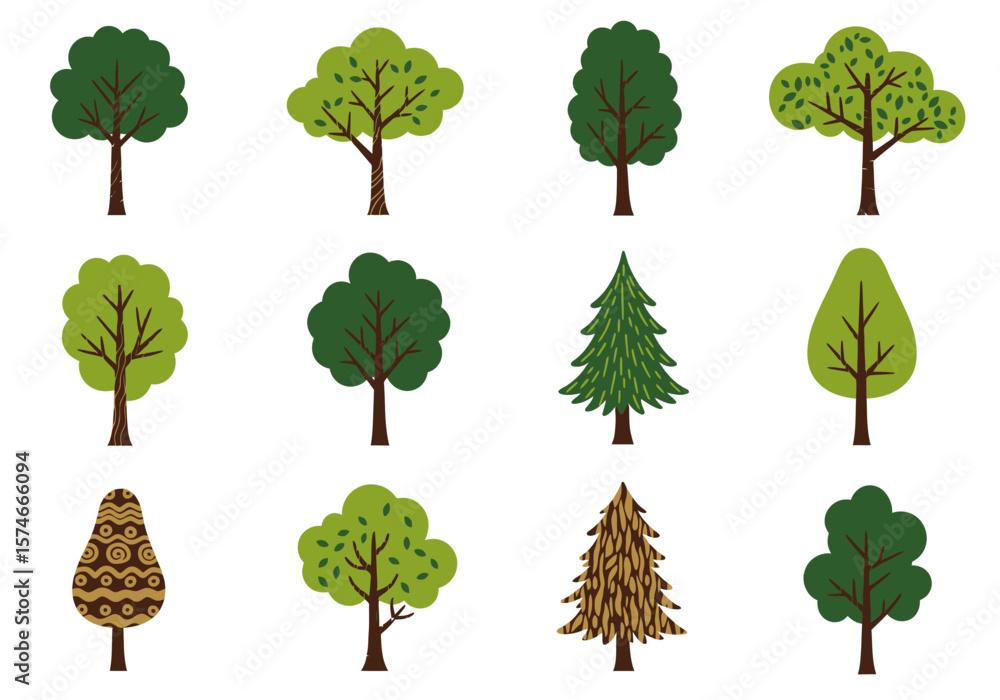 Poster collection of stylized trees with various shapes and textures isolated on white.