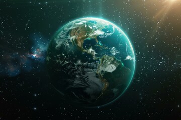 Planet earth rotating in space showing north and south america, with light lens flare