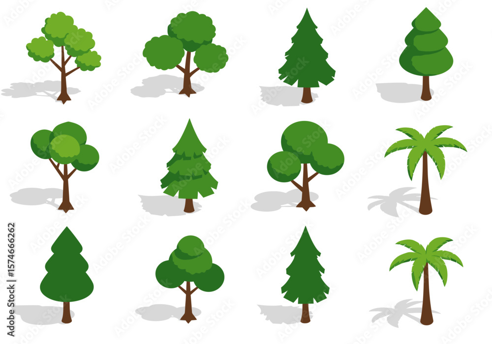 Poster collection of twelve isometric trees with various shapes and foliage.