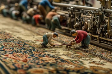Tiny figures creating intricate designs on a large rug in a textile mill
