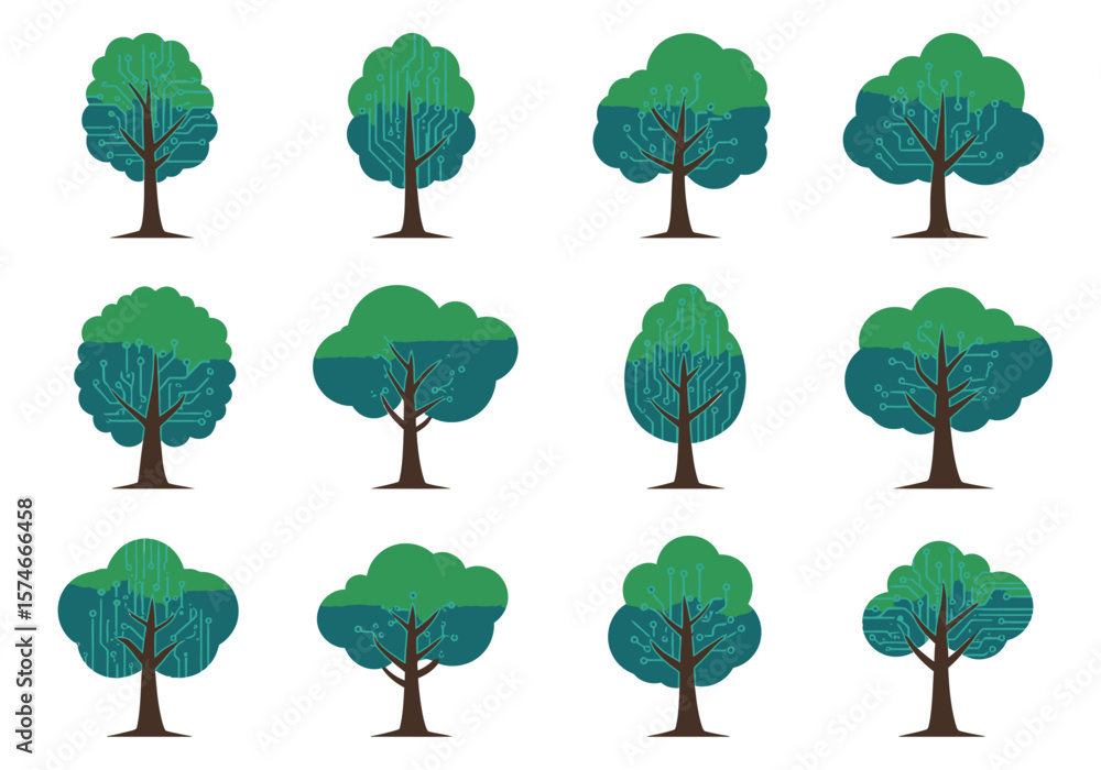 Aufkleber digital trees with circuit board patterns and green foliage technology and nature.