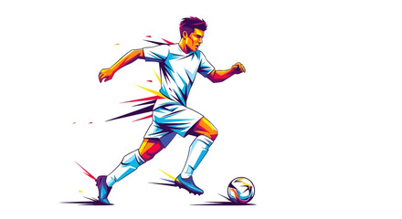 Naklejka premium Dynamic Soccer Player Kicking Ball in Action, Urban Sports Scene, Vibrant Illustration, Energetic Environment, Side View, Athletic Concept