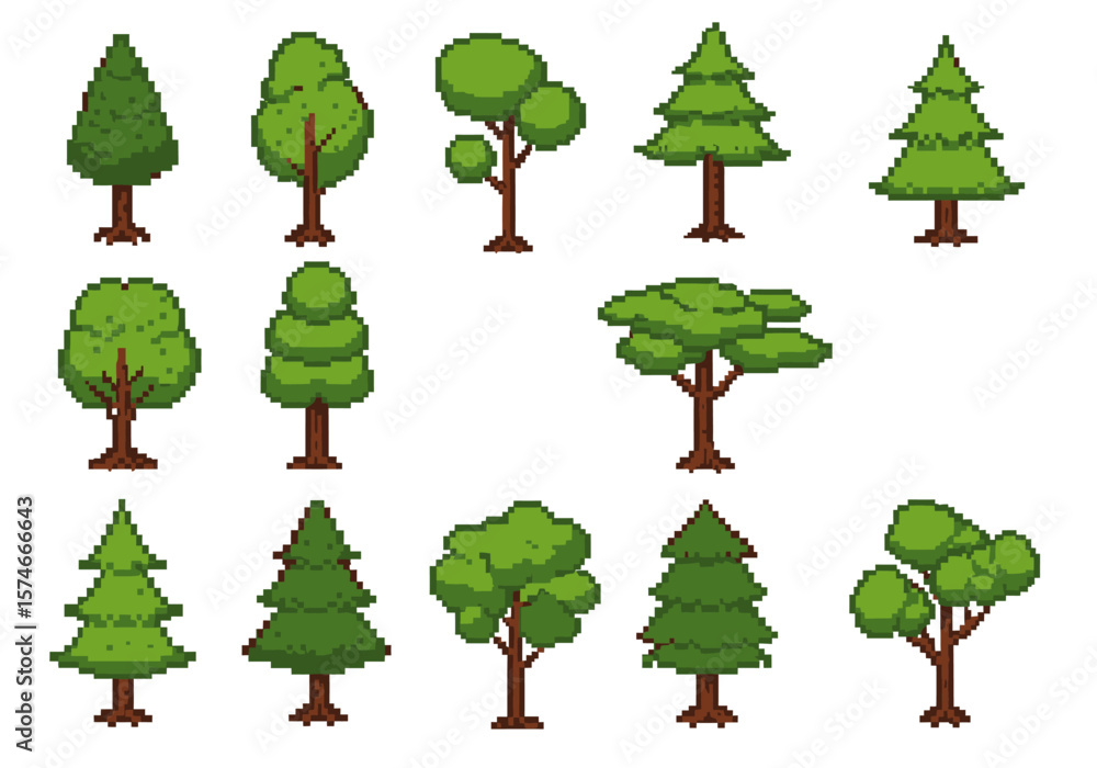 Poster diverse pixel art tree collection retro style forest elements for game design.