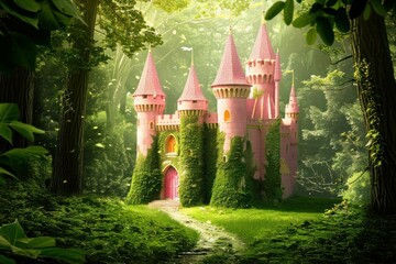 Fairytale pink castle with ivy covered walls standing in a beautiful green forest, creating a magical and enchanting scene