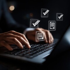 Typing on laptop, floating checkmarks over the keyboard. Dark, professional setup