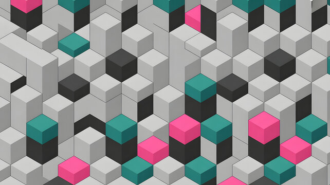 An isometric cube pattern with gray, pink, and teal blocks