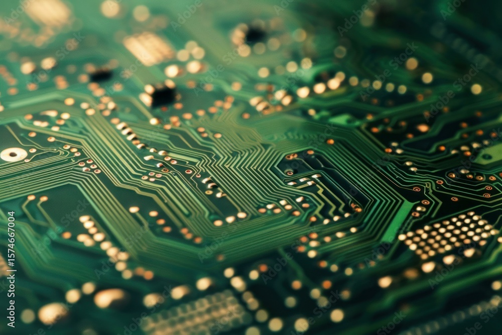 Poster green computer circuit board with conducting paths connecting electronic components