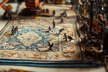 Tiny figures creating intricate designs on a large rug in a textile mill