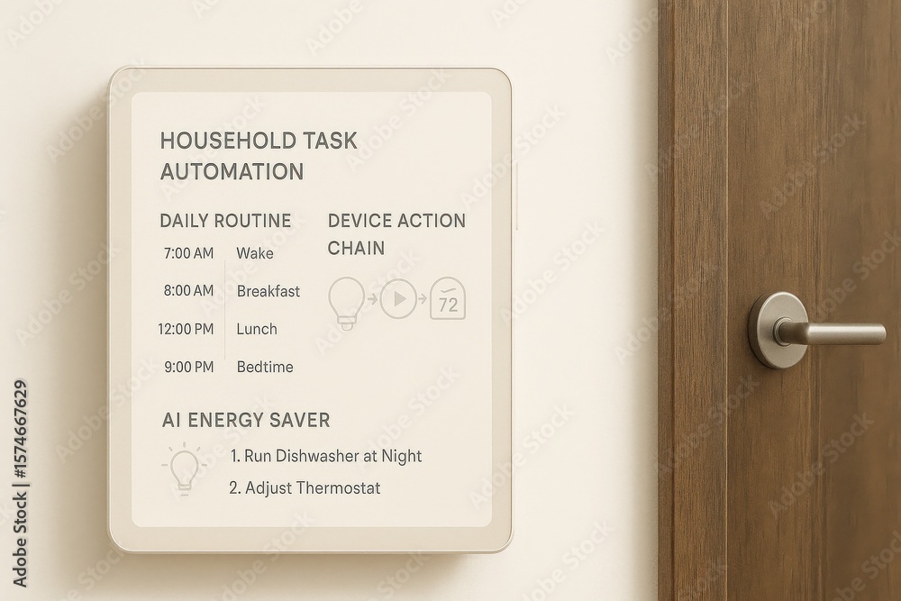 Aufkleber household task automation interface showing daily routine, smart device chain, and ai energy saver i