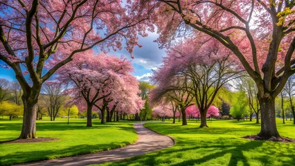 Spring park with blooming cherry blossom trees