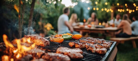 Outdoor barbecue with various meats and vegetables grilling, set in a garden with friends enjoying a social gathering at a wooden table adorned with string lights.