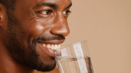 Smiling man holding clear glass of water close to his mouth with visible teeth and facial hair, showing healthy skin and joyful expression in close up portrait