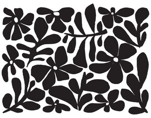  Stylized black floral silhouettes arranged in an abstract, organic composition. Perfect for textile prints, wallpapers, posters, and modern graphic projects. © Idee khan