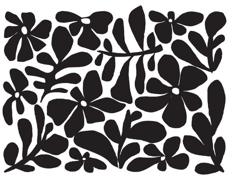 Stylized black floral silhouettes arranged in an abstract, organic composition. Perfect for textile prints, wallpapers, posters, and modern graphic projects.