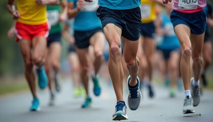 A group of people running in a marathon, with focus on their legs and feet