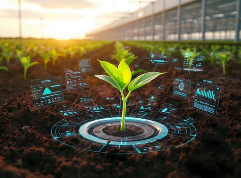 Green plant sprouting from soil with real-time holographic growth monitoring interface, high tech farming. Advanced agriculture tech for environmental protection. Modern digital farming, sustainable