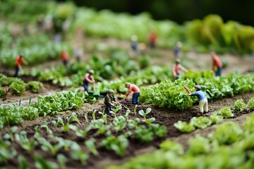 Tiny figures planting an enormous vegetable garden in a vast field.
