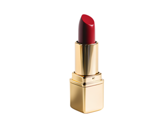 A red lipstick in a gold case, against a white background, high-resolution product photography, front view. 