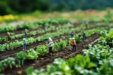Tiny figures planting an enormous vegetable garden in a vast field.