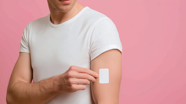 Man applying nicotine patch on arm for self improvement and healthy lifestyle on pink background