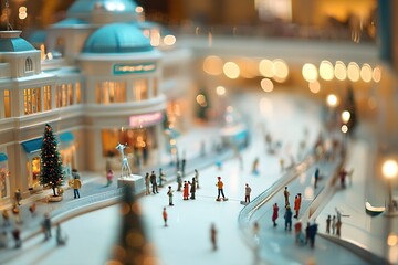 Tiny figures setting up large displays in a grand shopping mall