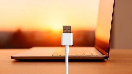 A white USB cable is plugged into a slim portable computer suggesting connectivity and data transfer.