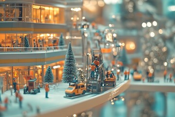 Tiny figures setting up large displays in a grand shopping mall