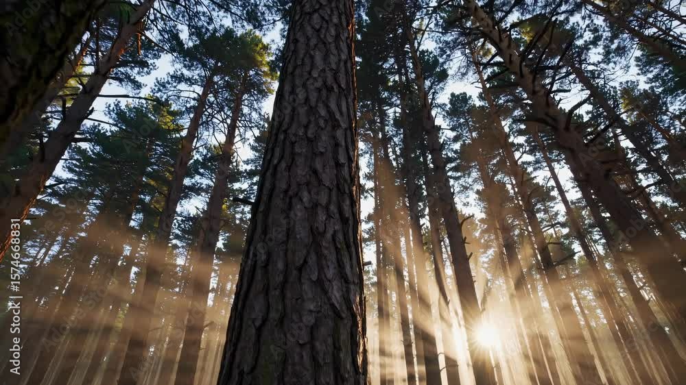 Poster a mesmerizing upward angle captures towering forest trees with sunlight streaming through, creating 