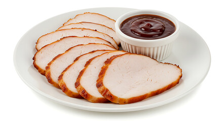 Thick slices of smoked turkey breast with golden edges and a juicy interior, neatly arranged on a white ceramic plate with a small cup of cranberry barbecue sauce. Isolated on a pure white background 