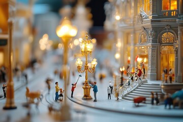 Tiny figures setting up large displays in a grand shopping mall