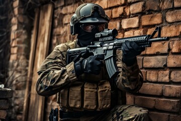 Fototapeta premium Soldier in camouflage uniform and tactical gear aiming with assault rifle near brick wall in urban environment