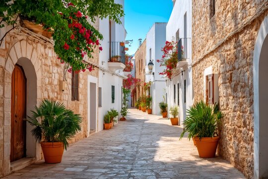 Fototapeta Picturesque narrow street with whitewashed houses and vibrant flowers in binibeca vell, menorca