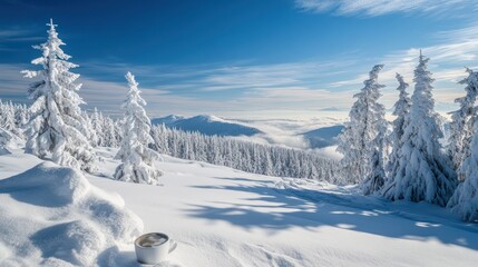 Snowy winter landscape with frosty trees, cup of coffee, blue sky and a mountain view