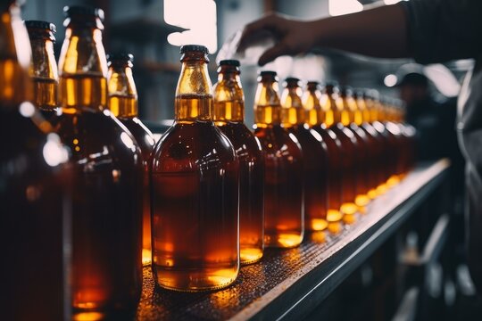 Production line in a brewery with glass bottles filled with beer, a brewery worker checking the quality