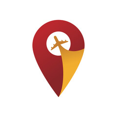 Vector graphic showing a red and yellow location pin with an airplane icon, symbolizing travel, tourism, or aviation. Perfect for use in travel agency logos, aviation designs, or location.
