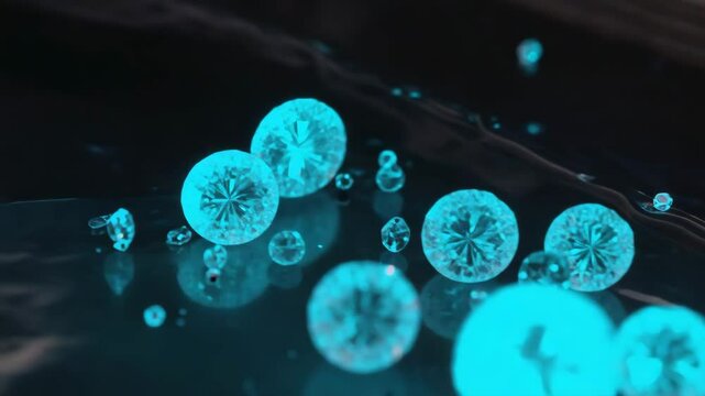 Abstract glowing spheres video with neon blue crystals moving on dark liquid surface, futuristic light balls footage for VJ loops, EDM visuals, club stage screens, sci-fi backgrounds, or motion graphi