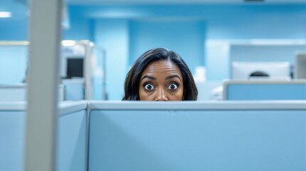 A woman in the office looks surreptitiously from another cubicle