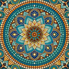 Mosaic mandala design with detailed floral patterns in teal. gold. and brown tones. Circular pattern with intricate details in a decorative setting.