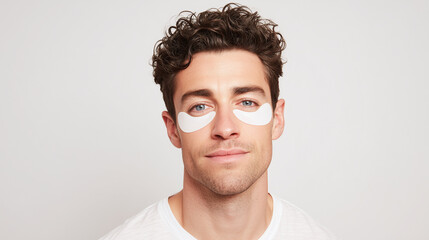 Man with white under eye patches showing skincare routine and fresh face with curly hair and blue eyes in white shirt on plain background