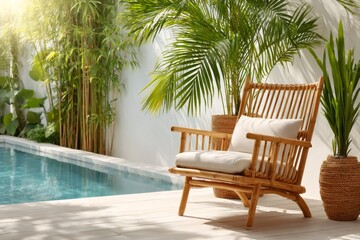 Obraz premium Relaxing rattan armchair by the pool in a tropical garden