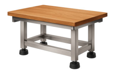 Adjustable-height anti-vibration table with a wooden top and silicone isolators for educational institutions.