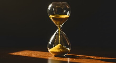 Golden sand running in hourglass, highlighting the passage of time in a dramatic countdown close-up	
