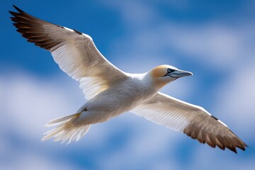 Obraz premium Northern gannet in flight against a vibrant blue sky.
